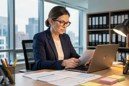 Femme professionnelle analysant un contrat d'agence marketing avant signature dans un bureau moderne