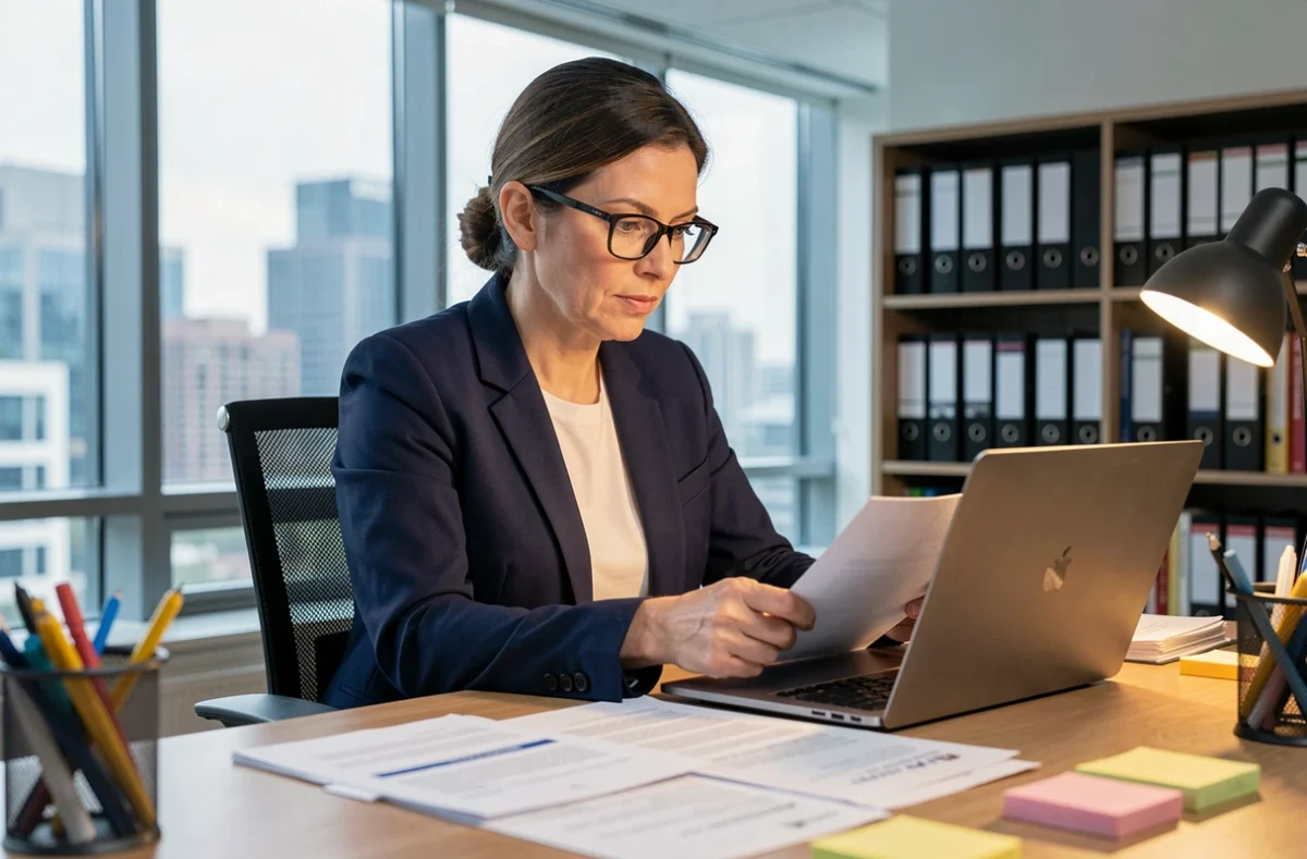 Femme professionnelle analysant un contrat d'agence marketing avant signature dans un bureau moderne