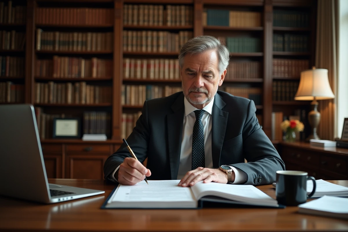 Avocat spécialisé en droit du travail analysant un dossier de licenciement pour faute grave avec arrêt maladie dans son bureau juridique