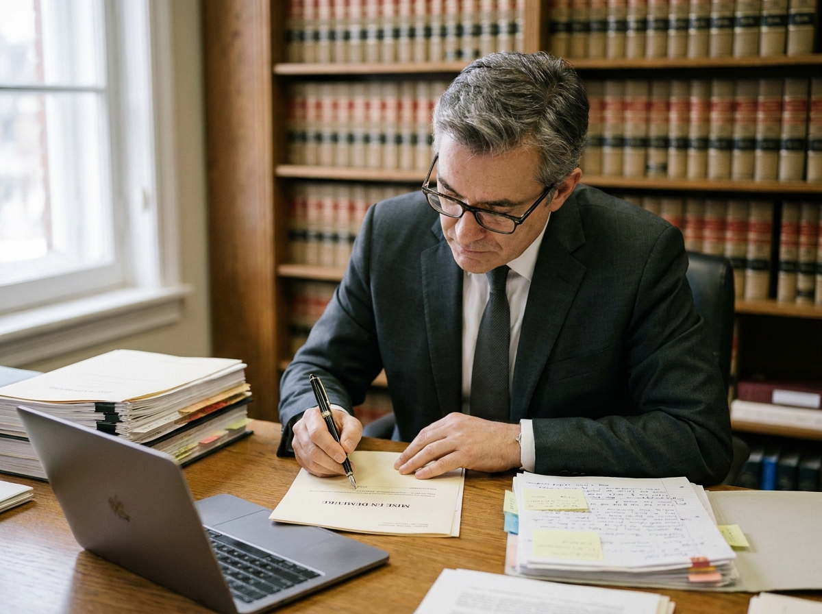 Avocat rédigeant une lettre de mise en demeure dans un cabinet juridique pour résoudre un litige fournisseur avant le tribunal de commerce