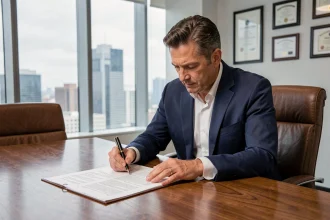 Avocat d'affaires en costume bleu marine analysant un pacte d'actionnaires dans une salle de réunion moderne