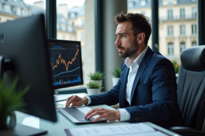 Banquier français en costume dans un bureau moderne à Paris