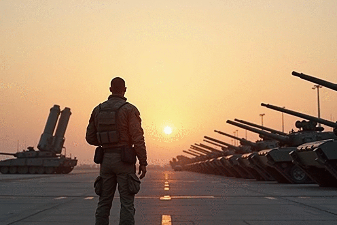 Base militaire moderne au lever du soleil avec tanks et soldats