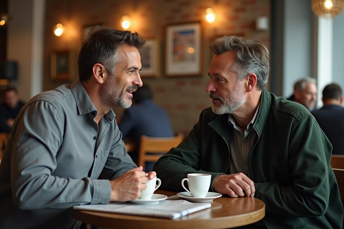 Deux hommes en conversation animée autour d'un café dans un café urbain, symbolisant le bouche-à-oreille comme source de recommandation fiable