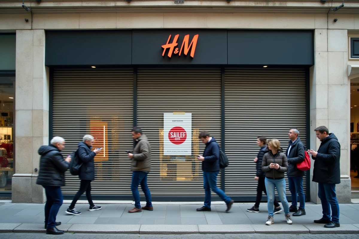 Devanture d'une boutique H&M fermée en centre-ville avec des clients consultant leurs smartphones