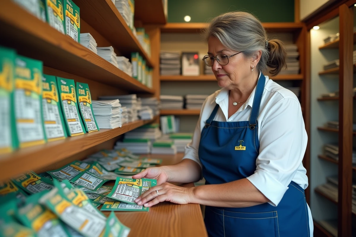 Buraliste arrangeant des tickets à gratter FDJ derrière le comptoir d'un tabac-presse français