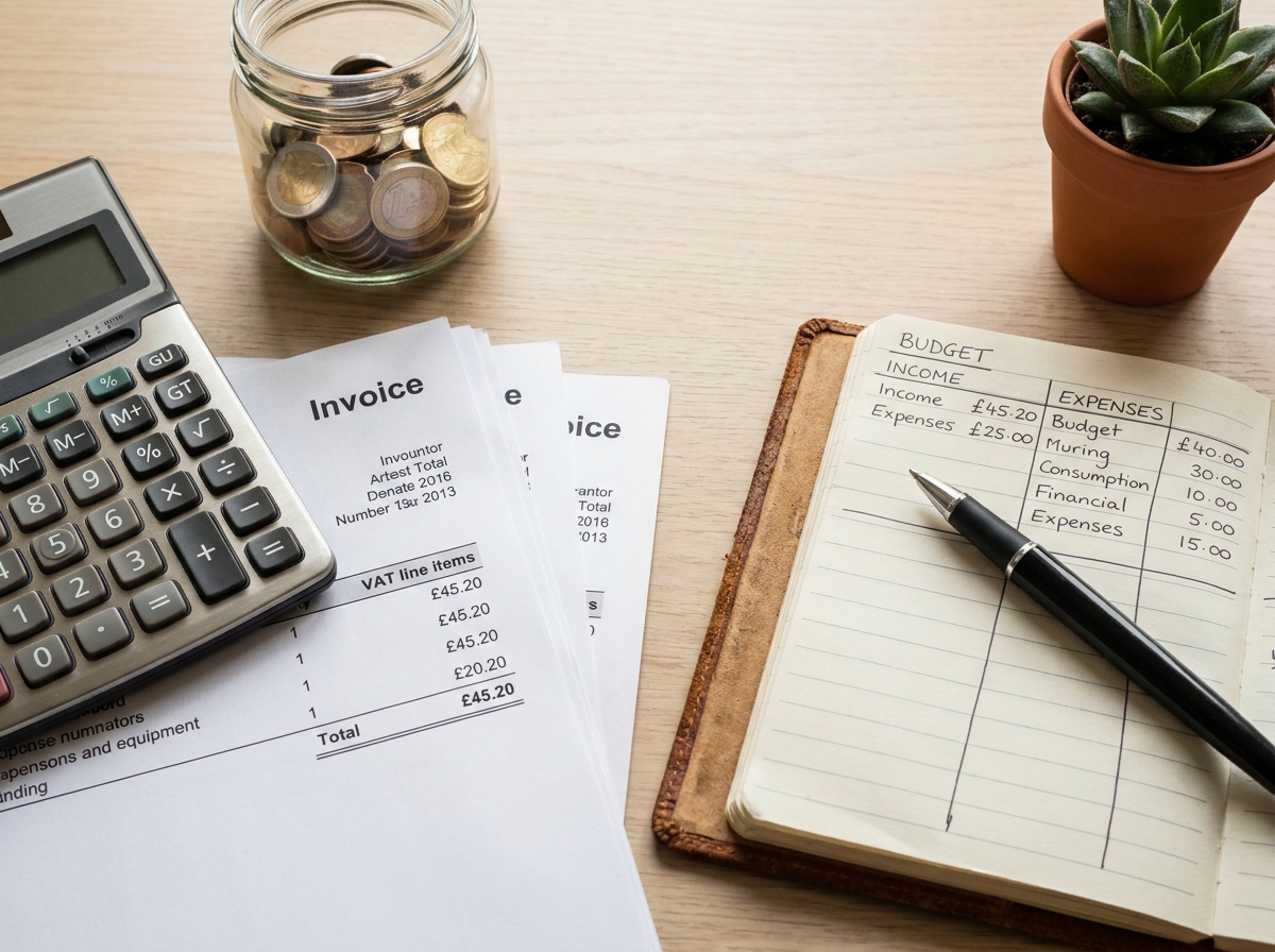 Vue aérienne d'un bureau comptable avec factures TVA, calculatrice, monnaie et carnet de gestion financière
