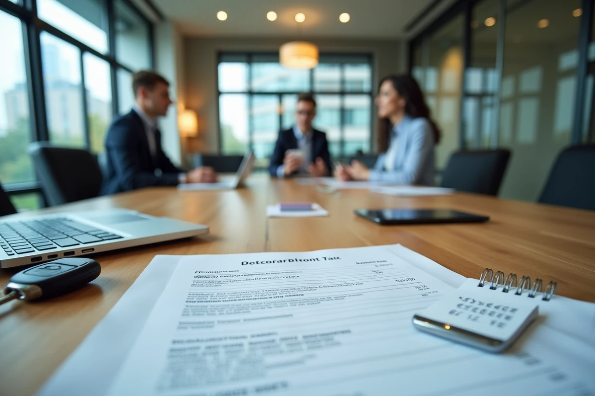 Bureau d'entreprise avec formulaires de taxe sur les véhicules de société, ordinateur portable et clés de véhicule de fonction sur une table de réunion