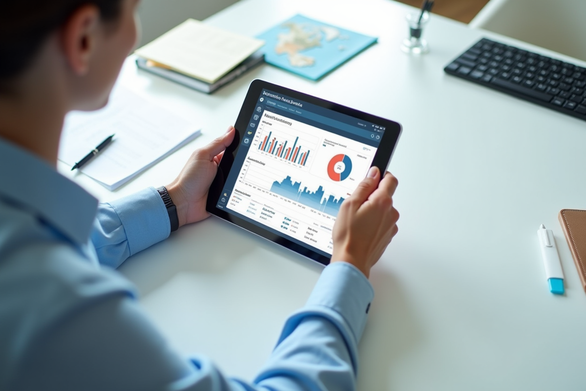 Personne confiante utilisant un tableau de bord comptable sur une tablette