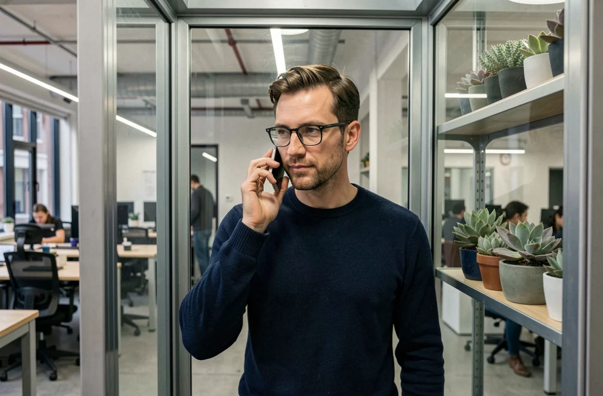 Homme en cabine téléphonique privée dans un espace de coworking à Reims