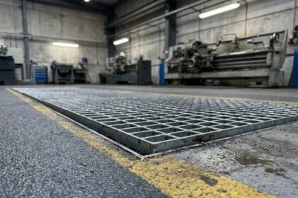 Caillebotis acier industriel posé sur sol antidérapant en résine époxy dans un atelier de métallurgie