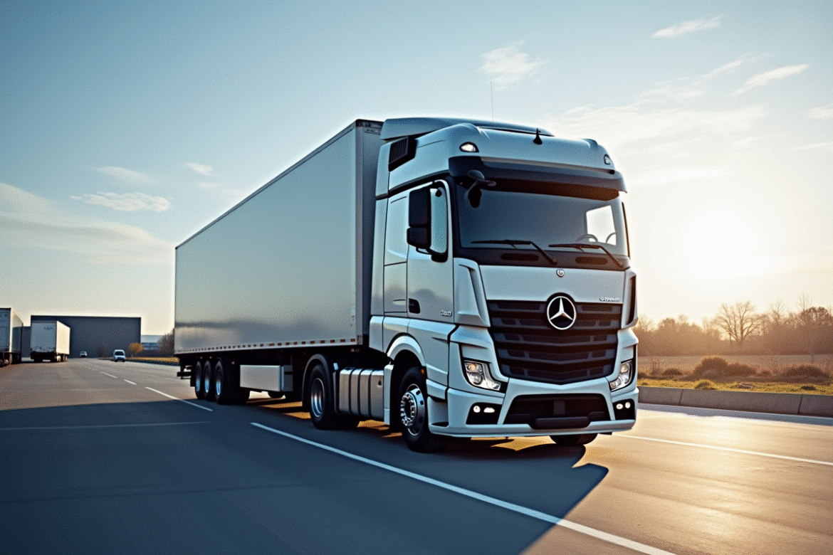 Camion logistique puissant de 32 tonnes dans un hub moderne