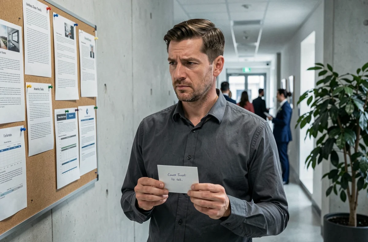 Homme tenant une carte de condoléances manuscrite dans un couloir de bureau pour une simple connaissance