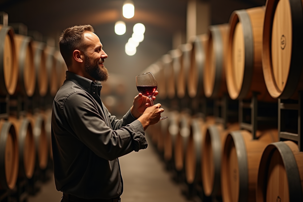 Vigneron observant la couleur d une bouteille dans le cellier