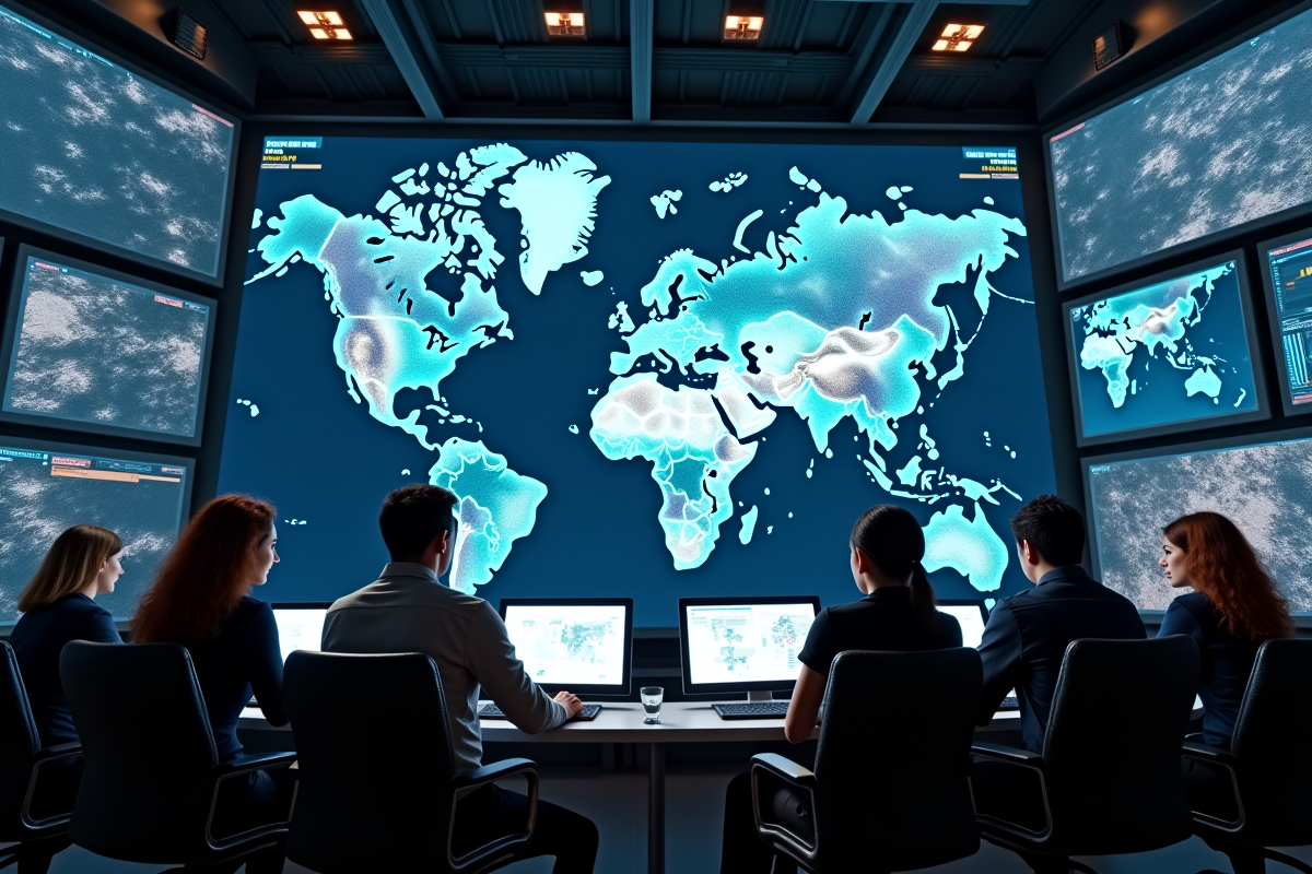 Centre de commandement high tech avec cartes digitales et officiers