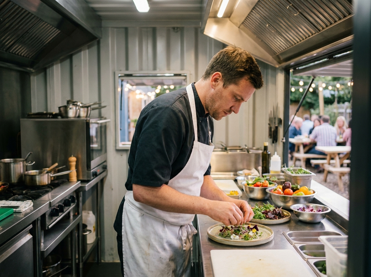 Chef cuisinier travaillant dans une cuisine ouverte aménagée dans un container avec fenêtre de service