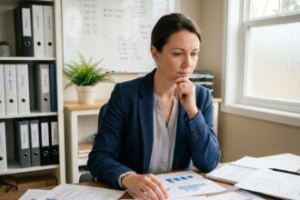 Cheffe d'entreprise analysant des prévisions de ventes sur des graphiques imprimés dans un bureau professionnel