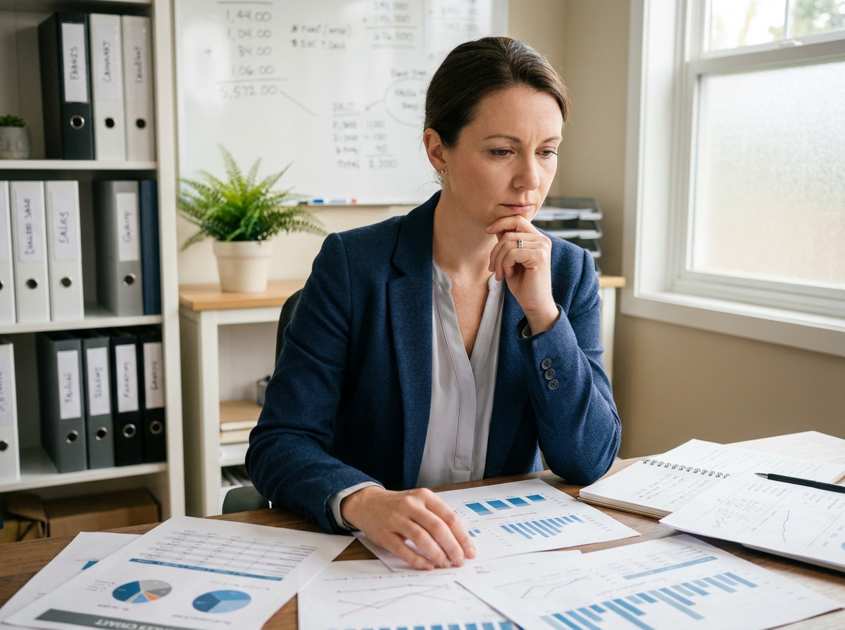 Cheffe d'entreprise analysant des prévisions de ventes sur des graphiques imprimés dans un bureau professionnel