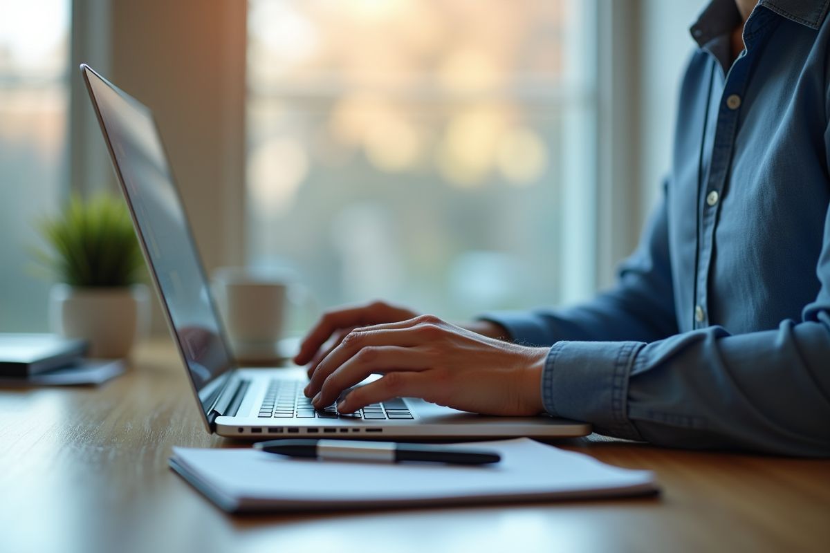 Mains tapant sur un clavier avec formulaire légal affiché à l