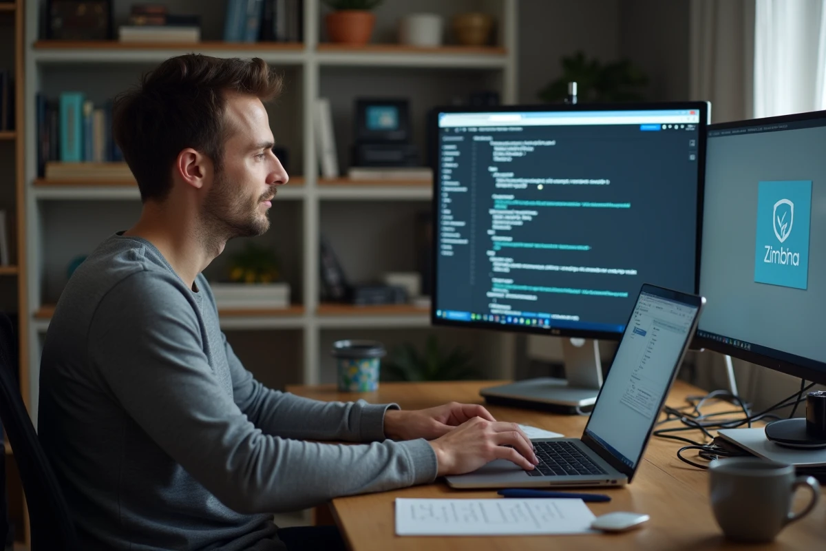 Homme configurant un client de messagerie lourd connecté à Zimbra depuis un bureau à domicile