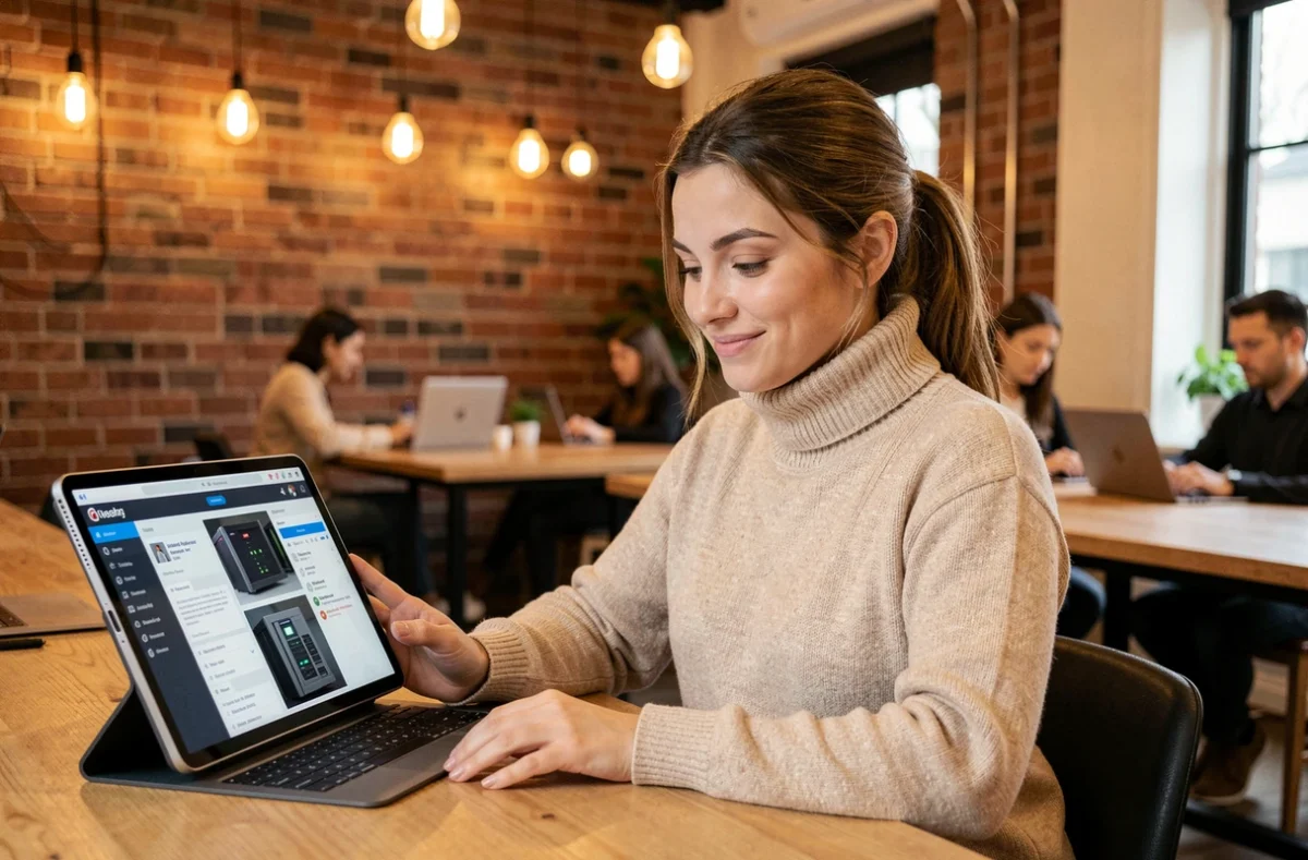 Jeune femme consultant ses documents sur Coffreo via une tablette dans un espace de coworking