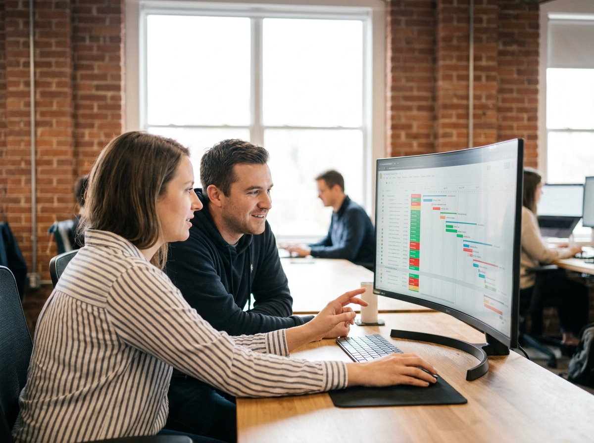 Deux collaborateurs d'une petite entreprise analysant ensemble un planning d'interventions partagé sur écran dans un espace de coworking