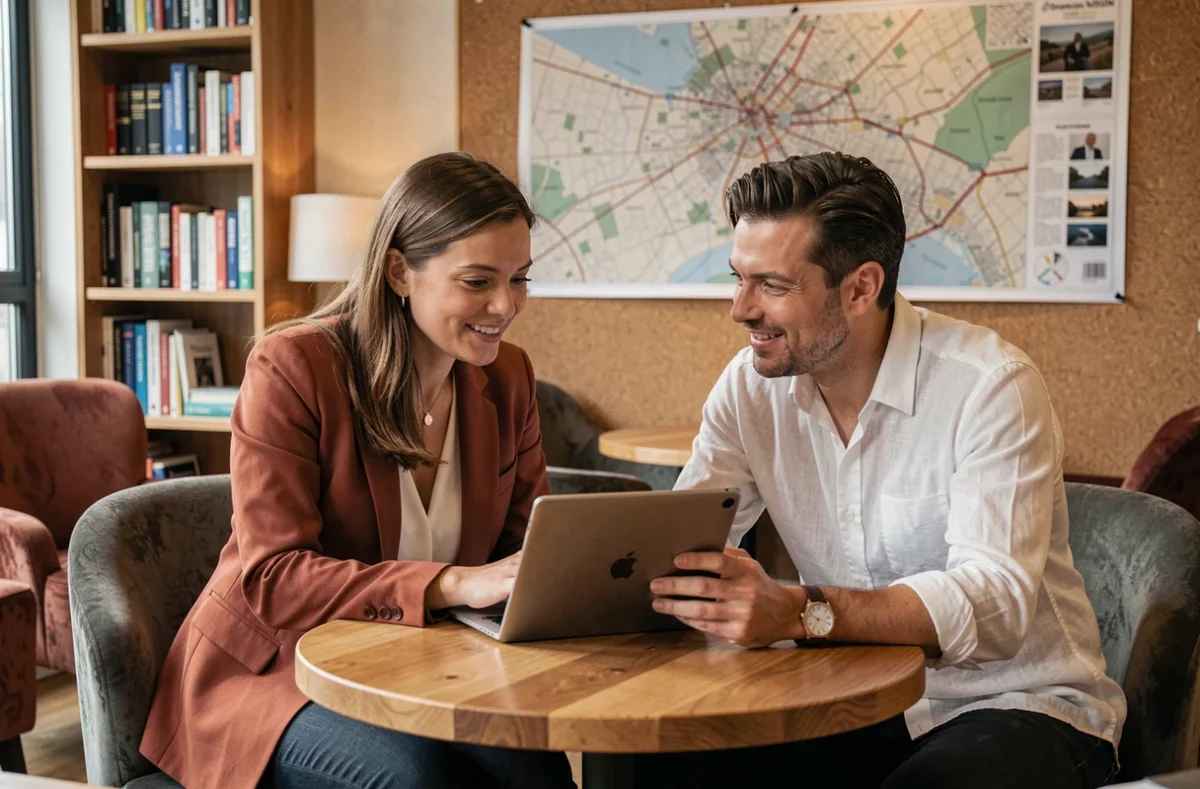 Deux professionnels en collaboration dans un salon de coworking à Dijon autour d'une tablette numérique