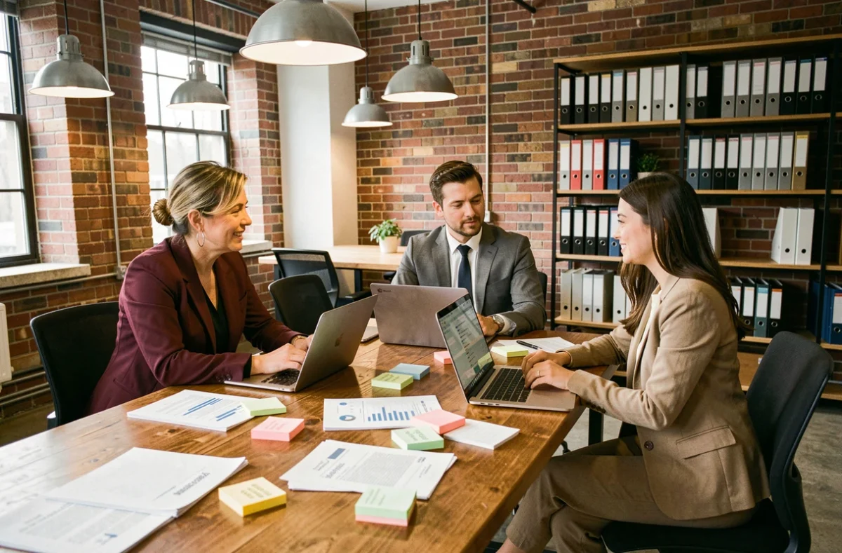 Équipe pluridisciplinaire juridique marketing et RH collaborant autour d'un contrat d'égérie dans un open space moderne