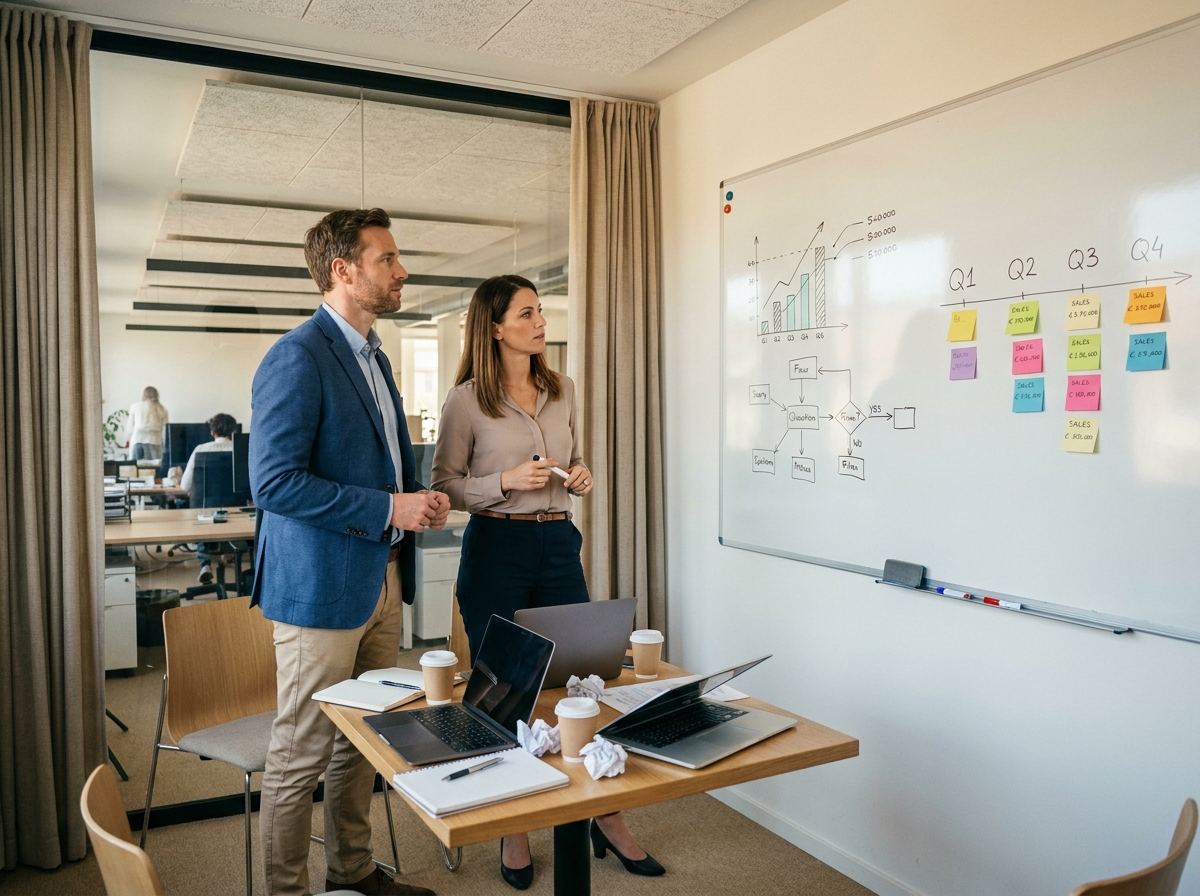 Deux collaborateurs discutant de prévisions de ventes devant un tableau blanc dans une petite salle de réunion