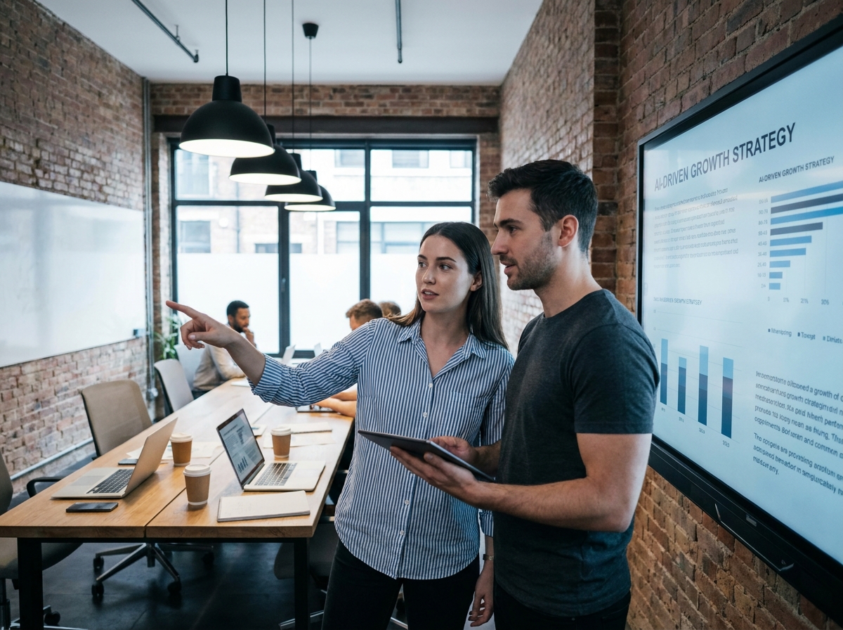 Deux collègues collaborant devant un écran tactile affichant des diapositives générées par intelligence artificielle dans un espace de coworking moderne