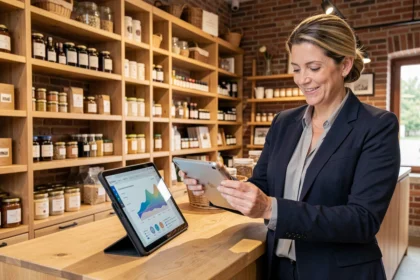 Commerçante alsacienne consultant des données de référencement sur une tablette dans sa boutique moderne