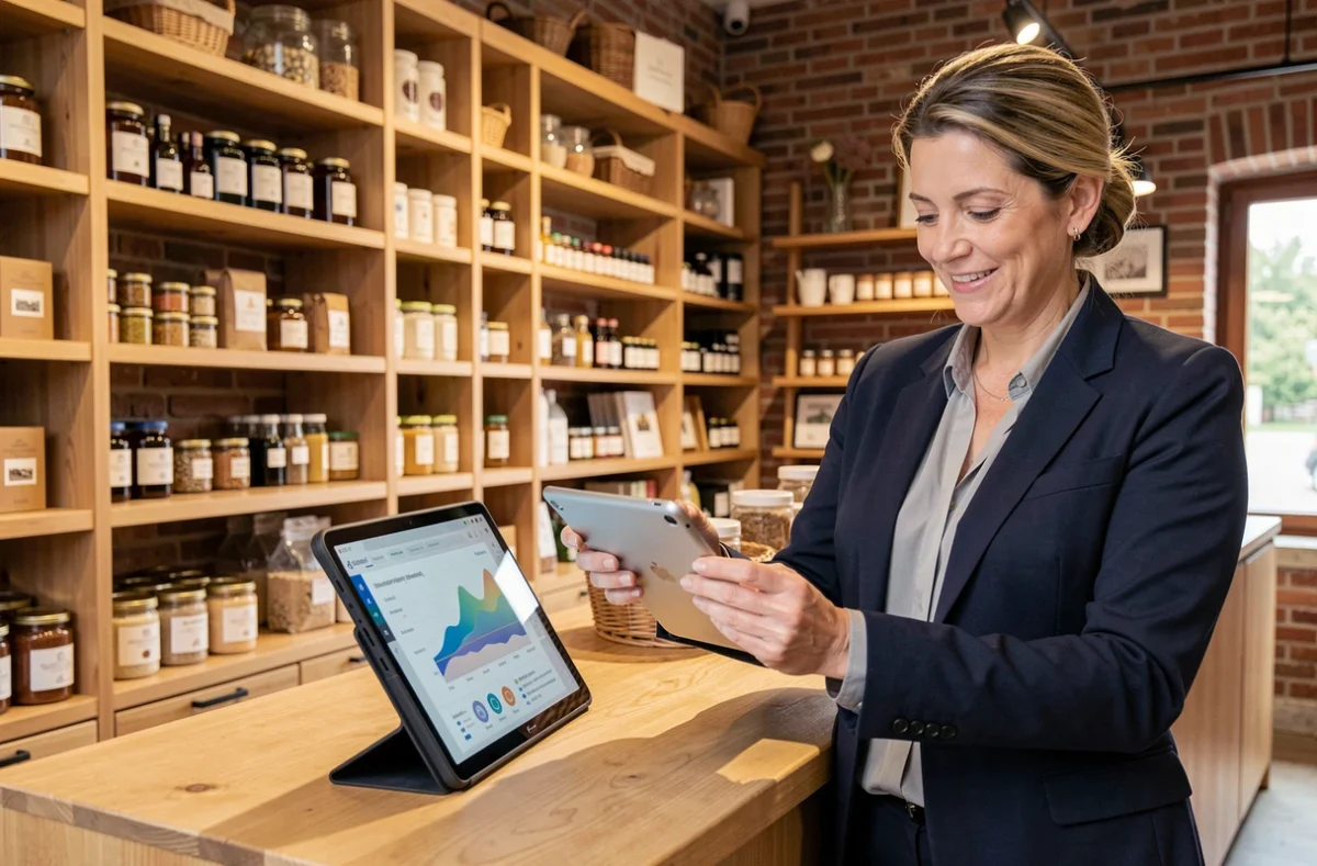 Commerçante alsacienne consultant des données de référencement sur une tablette dans sa boutique moderne
