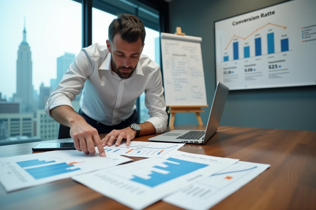 Commercial masculin analysant des rapports de taux de conversion en baisse lors d'une réunion stratégique dans une salle de conférence vitrée