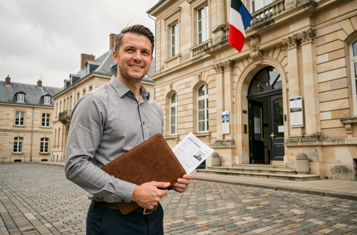 Commercial tenant un dossier de prospection devant une mairie française avant une visite de démarchage local