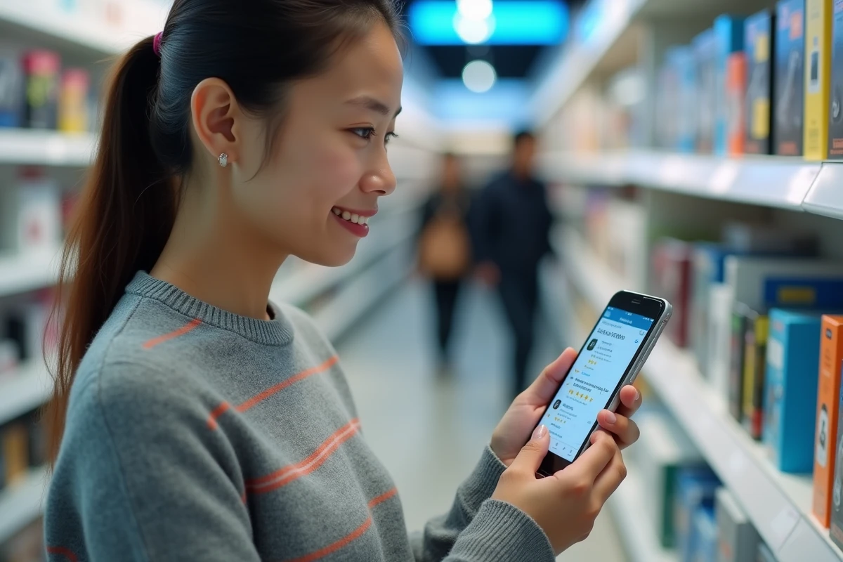 Jeune femme consultant des avis et étoiles sur son smartphone dans un magasin, illustrant la comparaison entre conseils médias et recommandations personnelles