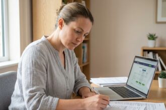 Femme comparant des devis en ligne sur son ordinateur portable dans un bureau à domicile moderne