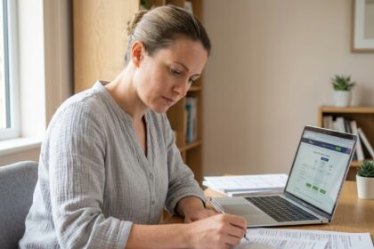 Femme comparant des devis en ligne sur son ordinateur portable dans un bureau à domicile moderne