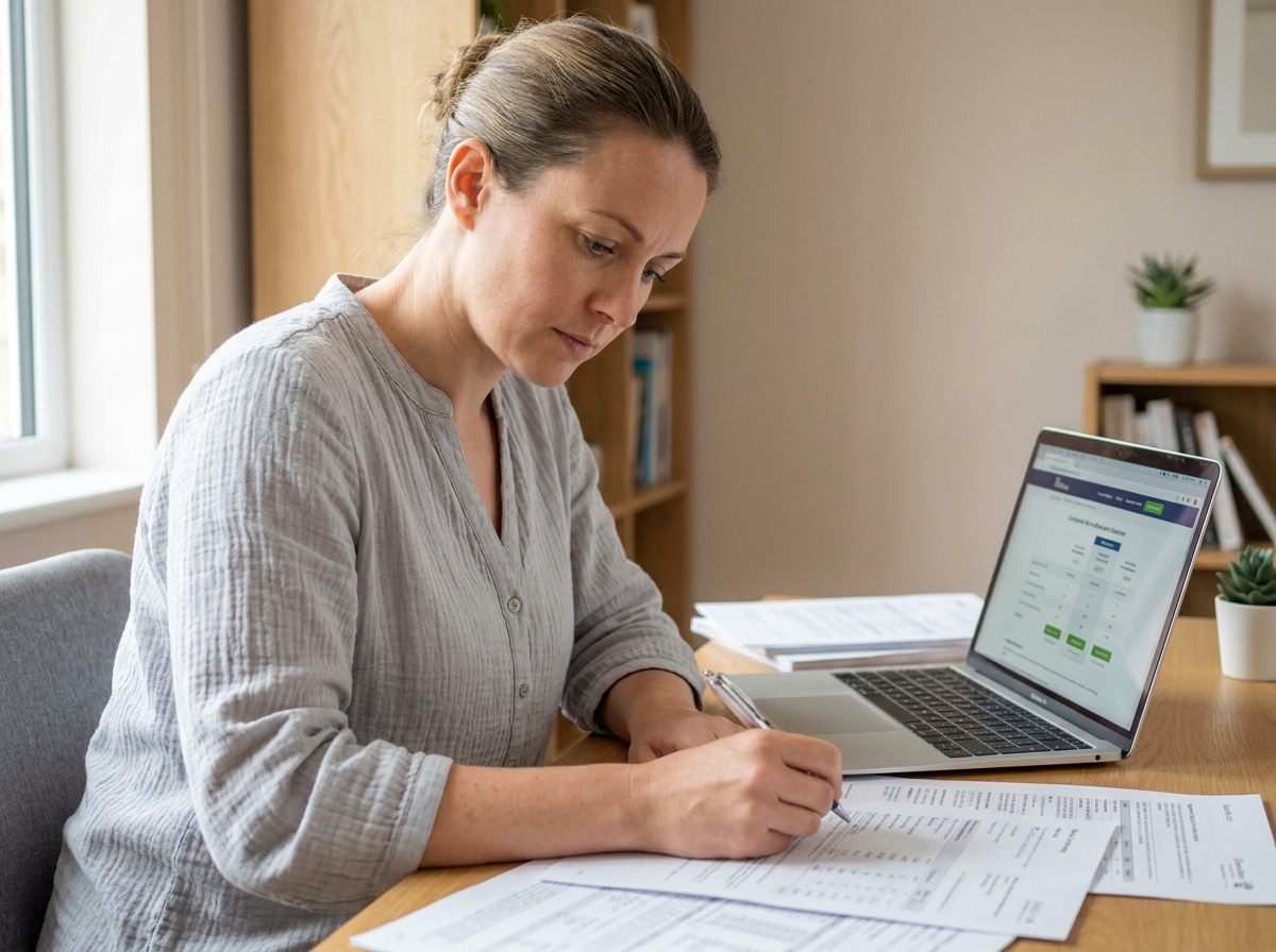 Femme comparant des devis en ligne sur son ordinateur portable dans un bureau à domicile moderne