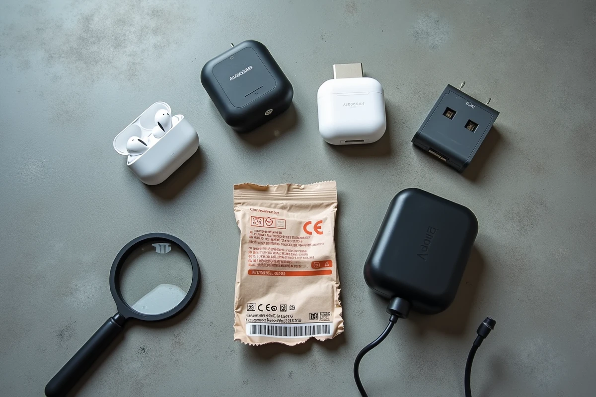 Vue aérienne de produits électroniques importés de Chine avec différents marquages CE, certains conformes et d'autres suspects