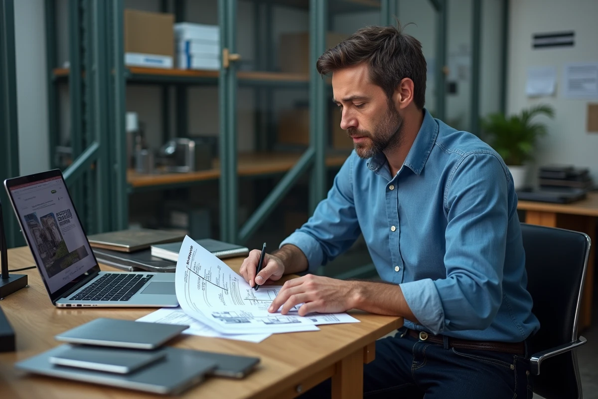Homme comparant des fiches techniques et des échantillons de fer avant de passer une commande au détail