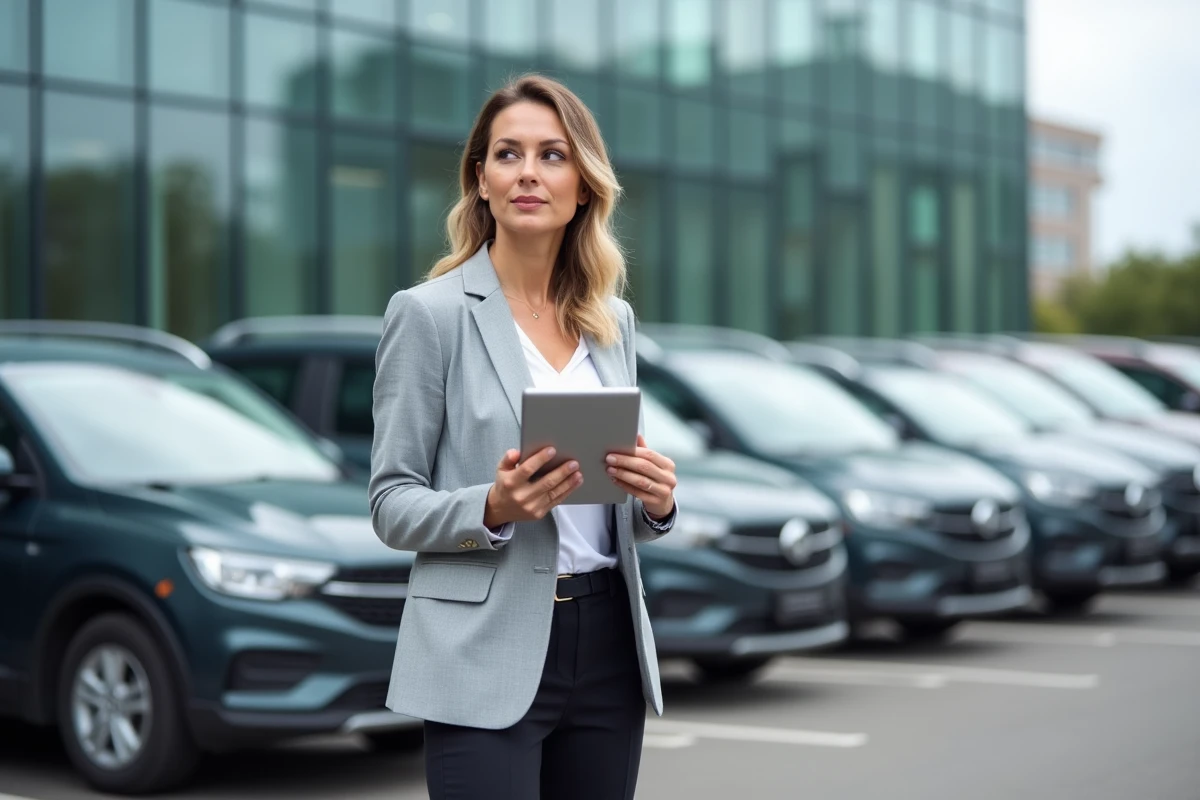 Comptable d'entreprise avec tablette analysant la fiscalité d'une flotte de véhicules de société dans un parking d'entreprise