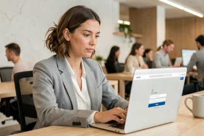 Femme connectée à Coffreo sur un ordinateur portable dans un bureau moderne