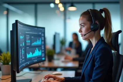 Conseillère commerciale professionnelle en centre d'appels avec casque téléphonique analysant les taux de conversion sur un écran de tableau de bord