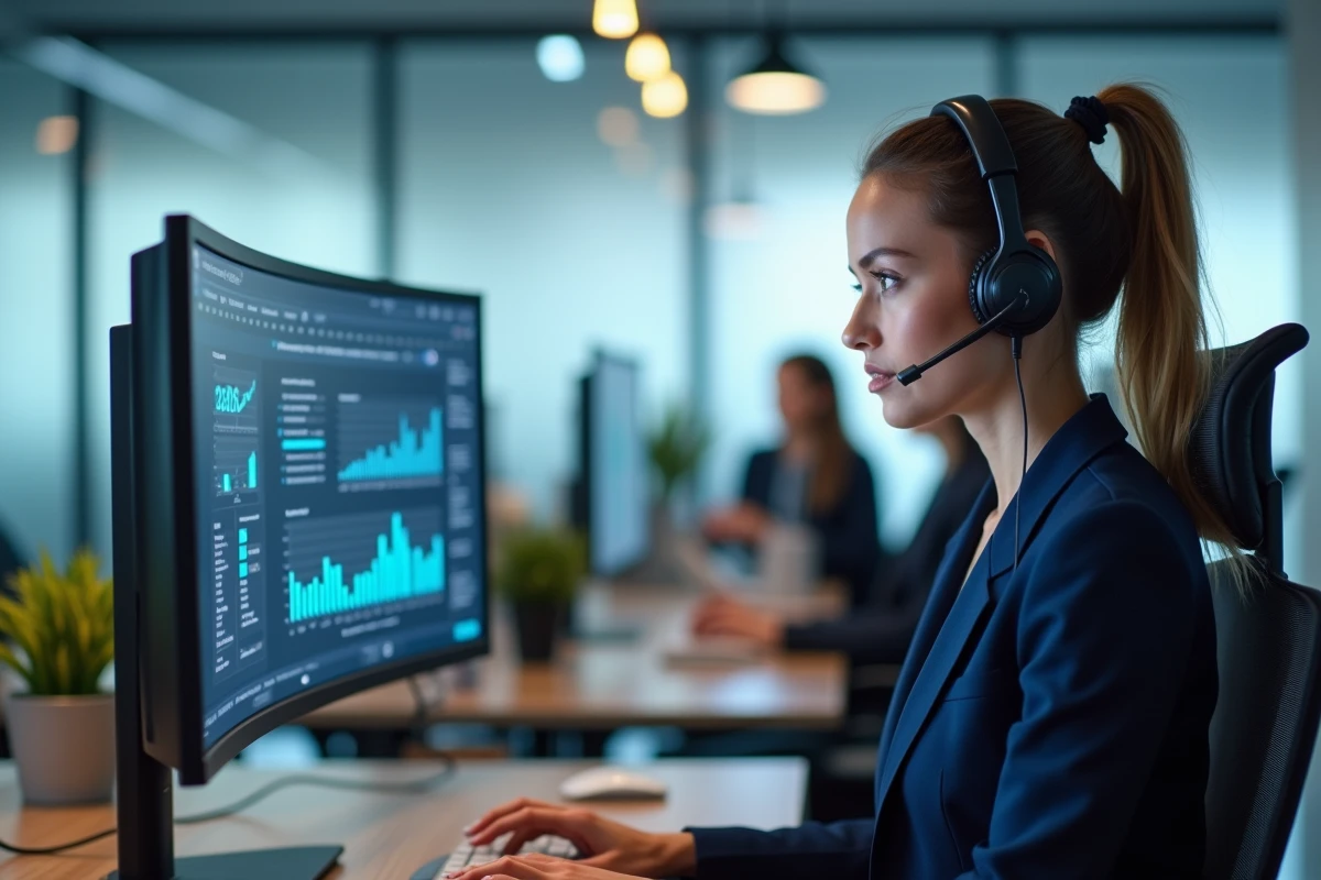 Conseillère commerciale professionnelle en centre d'appels avec casque téléphonique analysant les taux de conversion sur un écran de tableau de bord