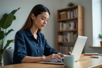 Femme consultant des avis clients en ligne sur un ordinateur portable dans un bureau à domicile moderne, illustrant la fiabilité des conseils médias numériques