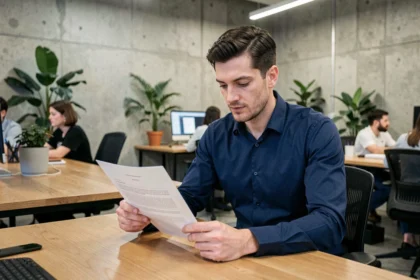 Consultant informatique en portage salarial examinant un contrat dans un espace de coworking moderne