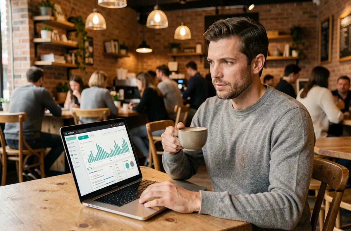 Freelance consultant en marketing digital travaillant sur une stratégie Loxia Socia dans un café avec des analyses de conversion