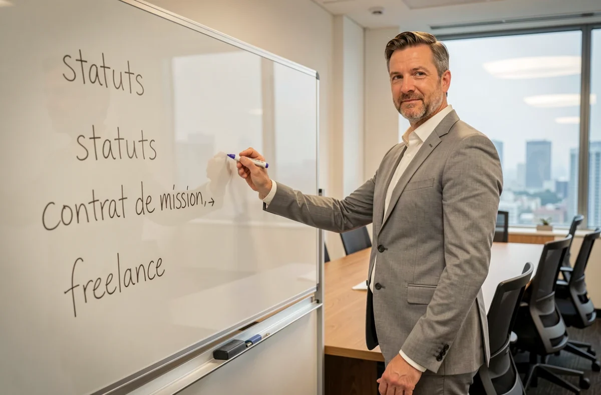 Consultant en portage salarial présentant les étapes de création d'entreprise sur un tableau blanc en salle de réunion