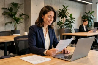 Consultante indépendante en portage salarial travaillant dans un espace de co-working moderne, révisant des documents professionnels avec assurance