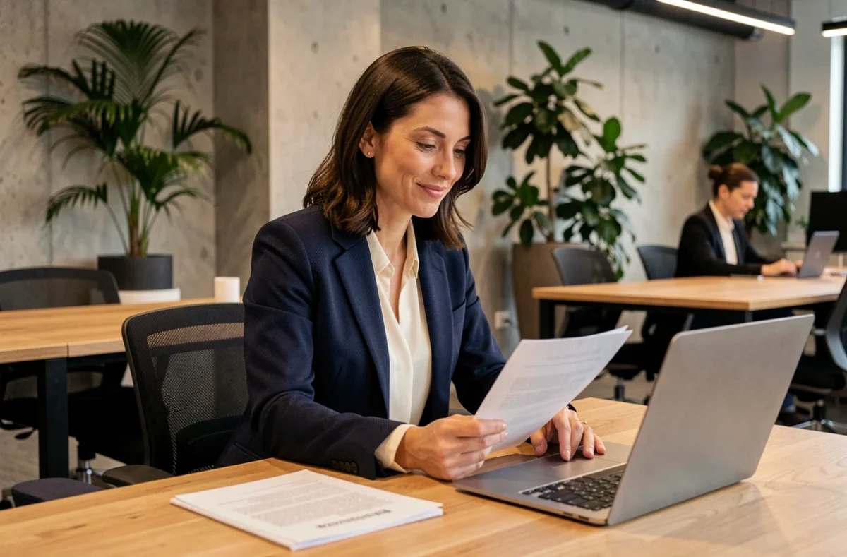 Consultante indépendante en portage salarial travaillant dans un espace de co-working moderne, révisant des documents professionnels avec assurance
